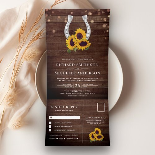 Rustic Country Wood Sunflower Horseshoe Wedding Tri_Fold Invitation
