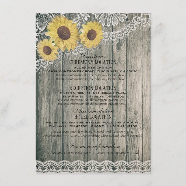 Rustic Country Wood Sunflower Lace Wedding Details Enclosure Card (Front)