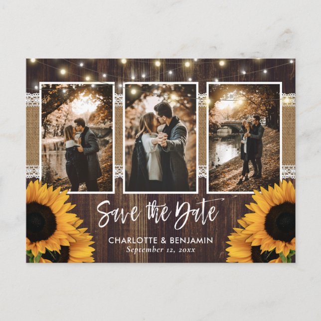 Rustic Country Wood Sunflower Photo Save The Date Announcement Postcard (Front)