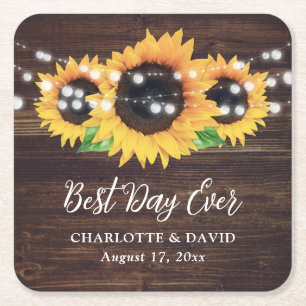 Rustic Country Wood Sunflower Wedding Square Paper Coaster
