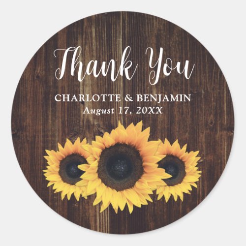 Rustic Country Wood Sunflower Wedding Thank You Classic Round Sticker
