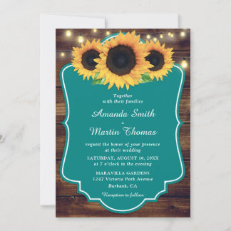 Rustic Country Wood Teal Sunflower Wedding Invitation