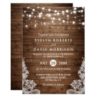 Rustic Country Wood Twinkle Lights Lace Wedding Card