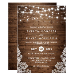 Rustic Country Wood Twinkle Lights Lace Wedding Card