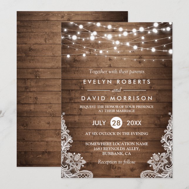 Rustic Country Wood Twinkle Lights Lace Wedding Invitation (Front/Back)
