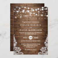 Rustic Country Wood Twinkle Lights Lace Wedding Invitation