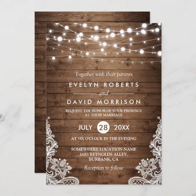 Rustic Country Wood Twinkle Lights Lace Wedding Invitation | Zazzle