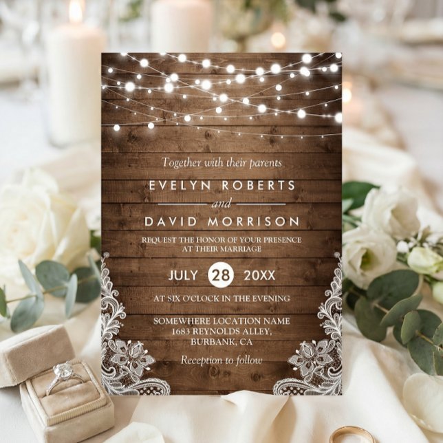 Rustic Country Wood Twinkle Lights Lace Wedding Invitation (Creator Uploaded)