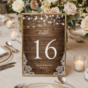 Rustic Country Wood Twinkle Lights Lace Wedding Table Number