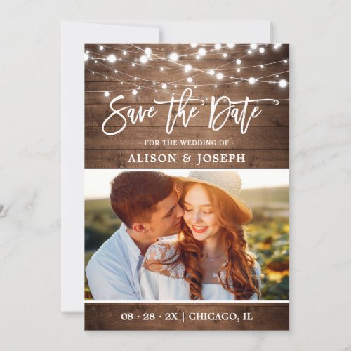 Rustic Country Wood Twinkle Lights Wedding Photo Save The Date