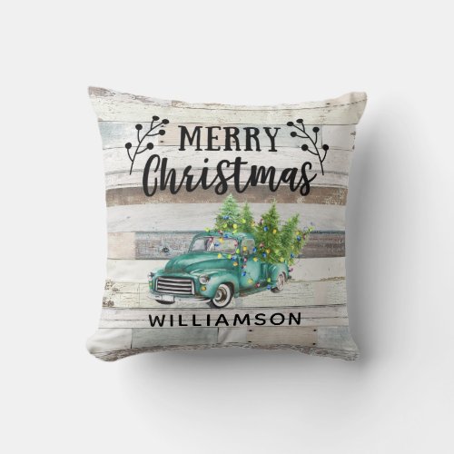 RUSTIC COUNTRY WOOD VINTAGE TRUCK FAMILY NAME THROW PILLOW