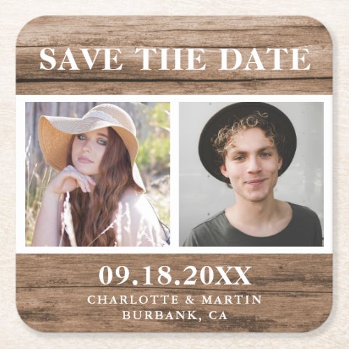 Rustic Country Wood Wedding 2 Photo Save The Date Square Paper Coaster