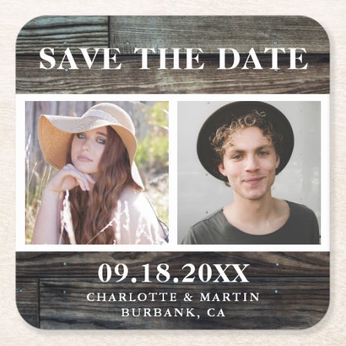 Rustic Country Wood Wedding 2 Photo Save The Date Square Paper Coaster