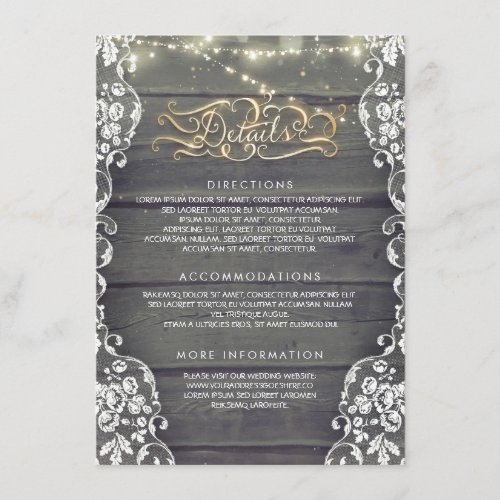 Rustic Country Wood Wedding Details - Information Enclosure Card - Rustic wood and string lights lace wedding directions, accommodations and other information card (guest information, wedding details, wedding reception, wedding inserts)