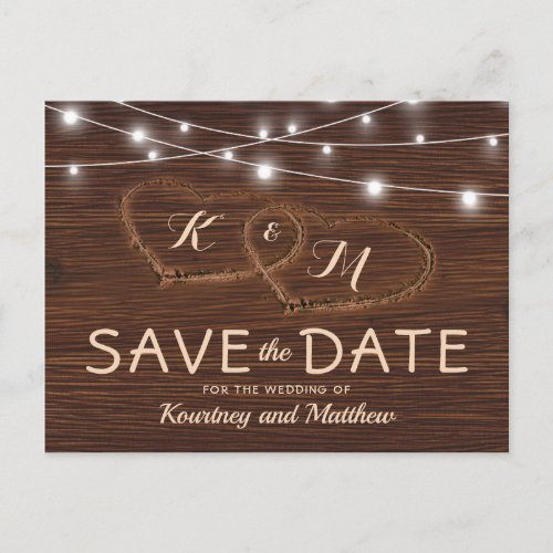 Rustic Country Wood Wedding Save the Date Announcement Postcard - Rustic country wedding save the date postcards featuring a barn wood background, two carved hearts, your initials, and a editable text template.
Click on the “Customize it” button for further personalization of this template. You will be able to modify all text, including the style, colors, and sizes.
You will find matching items further down the page, if however you can't find what you looking for please contact me.