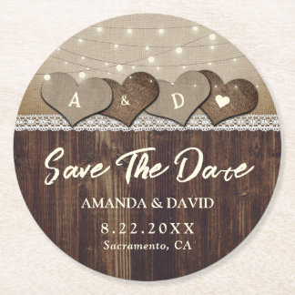 Rustic Country Wood Wedding Save The Date Round Paper Coaster