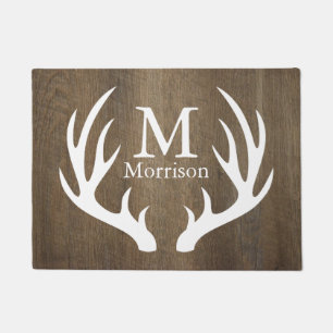 Rustic Country Wood White Deer Antlers Family Name Doormat
