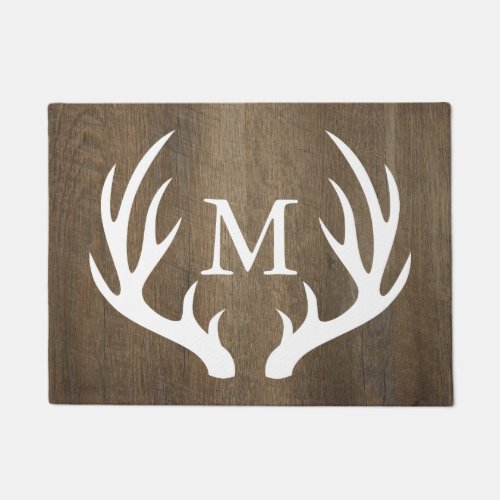 Rustic Country Wood White Deer Antlers Monogram Doormat