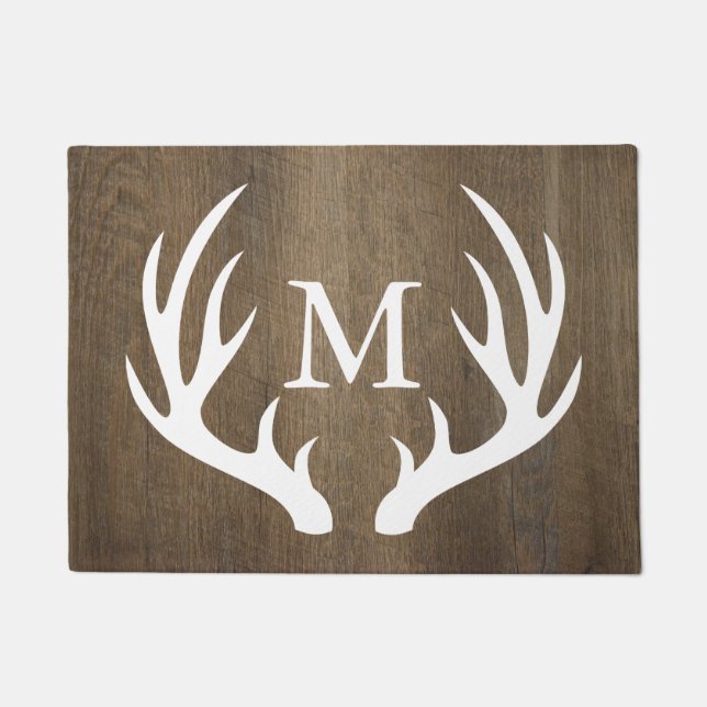 Rustic Country Wood White Deer Antlers Monogram Doormat (Front)