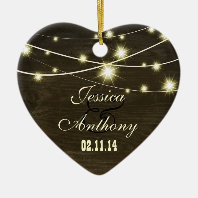 rustic country wood with string of lights ceramic ornament (Front)