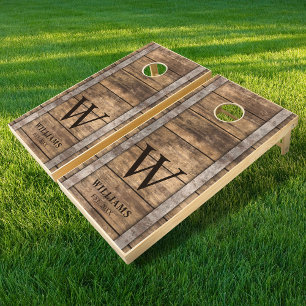 Rustic Country Wooden Barrel Family Name Monogram Cornhole Set