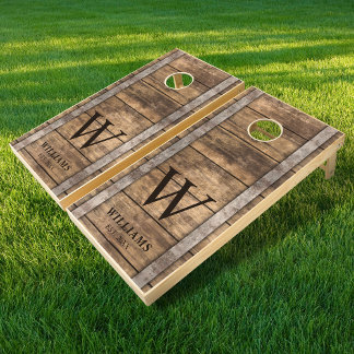 Rustic Country Wooden Barrel Family Name Monogram Cornhole Set