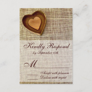 Rustic Country Wooden Heart Burlap Wedding RSVP Card