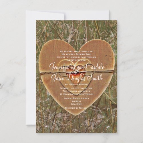 Rustic Country Wooden Heart Camo Wedding Invites