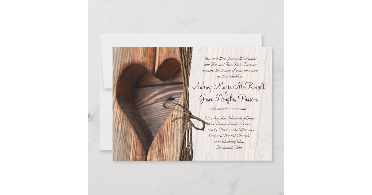 Rustic Country Wooden Heart Twine Wedding Invites | Zazzle