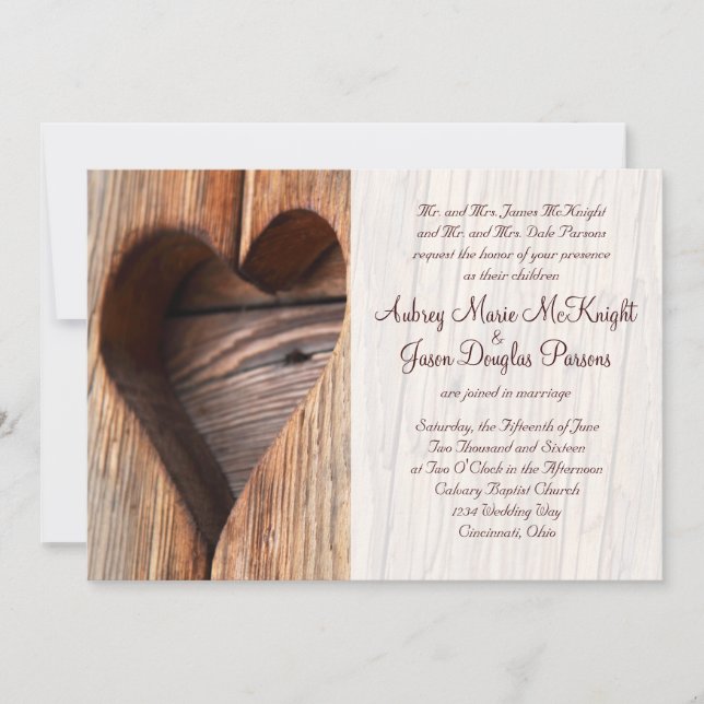 Rustic Country Wooden Heart Wedding Invitations (Front)