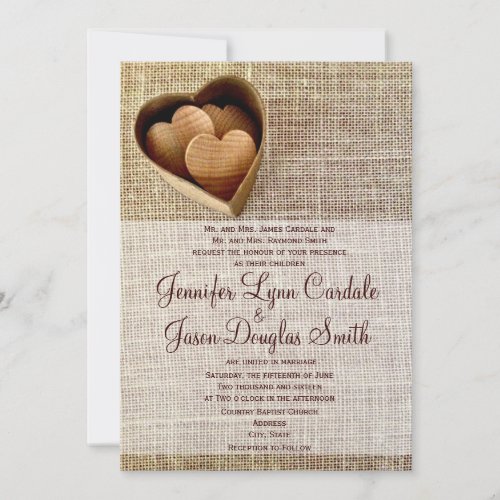 Rustic Country Wooden Hearts Burlap Wedding Invite