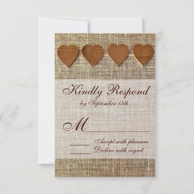 Rustic Country Wooden Hearts Burlap Wedding RSVP (Front)
