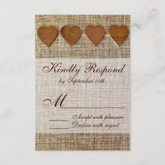 Rustic Country Wooden Hearts Burlap Wedding RSVP Card