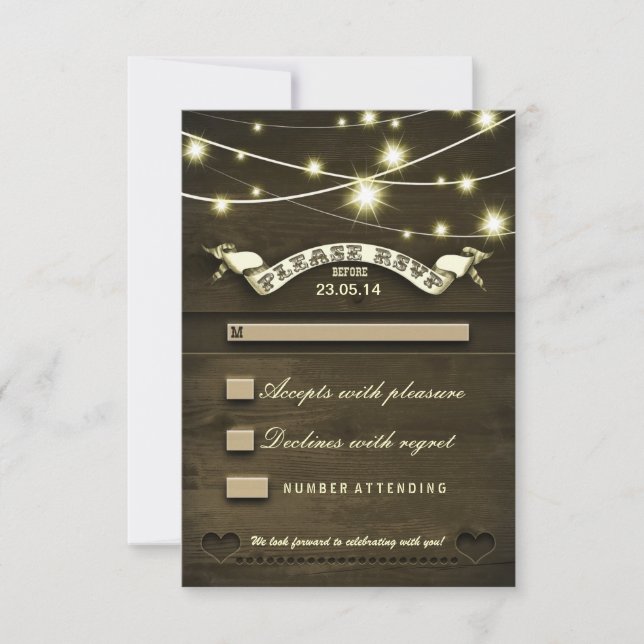 rustic country wooden wedding RSVP with lights (Front)