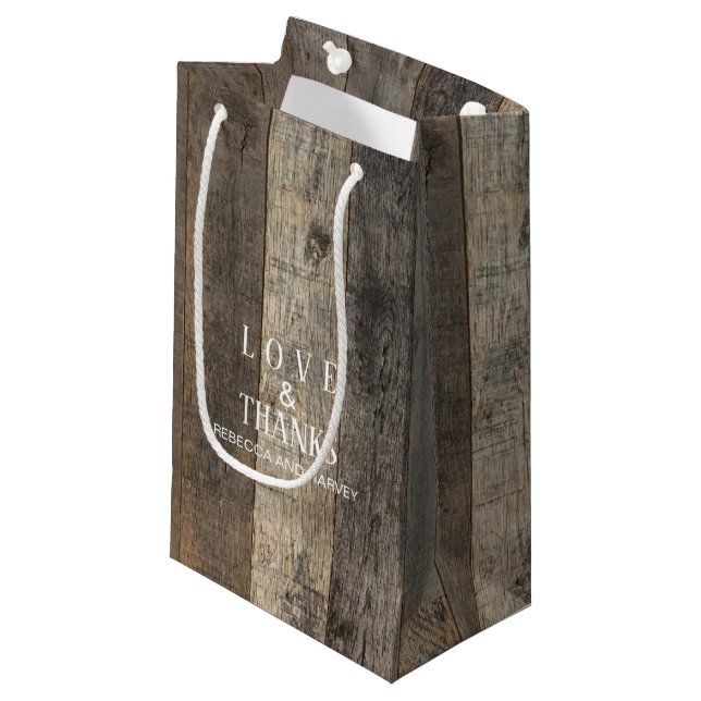 rustic country woodgrain barn wedding favor small gift bag (Front Angled)