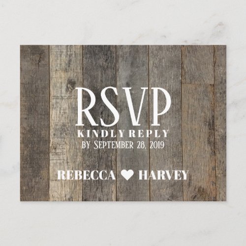Rustic country woodgrain barn wedding RSVP Invitation Postcard
