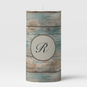 Rustic Country Worn Blue Wooden Fence serving tray Pillar Candle