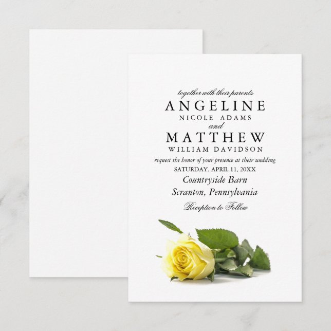 Rustic Country Yellow Rose Classy Floral Wedding Invitation (Front/Back)