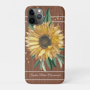 Rustic Country Yellow Sunflower Brown Wood iPhone 11 Pro Case