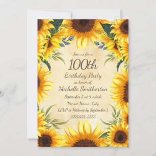 Rustic Country Yellow Sunflowers 100th Birthday In Invitation