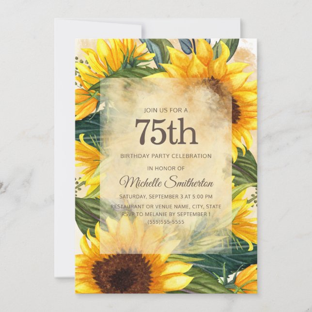Rustic Country Yellow Sunflowers 75th Birthday Invitation (Front)