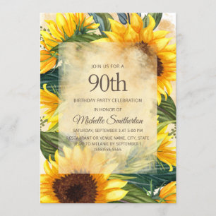 Rustic Country Yellow Sunflowers 90th Birthday Invitation