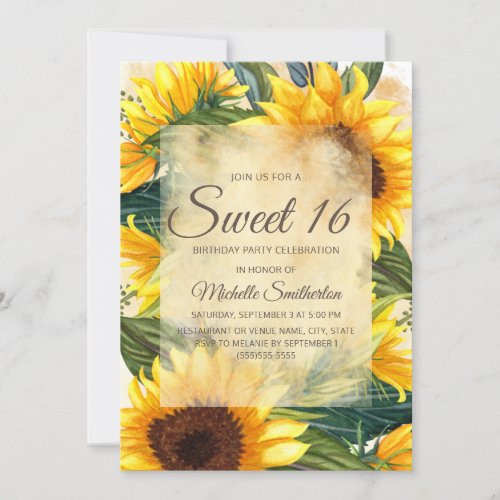 Rustic Country Yellow Sunflowers Sweet 16 Birthday Invitation