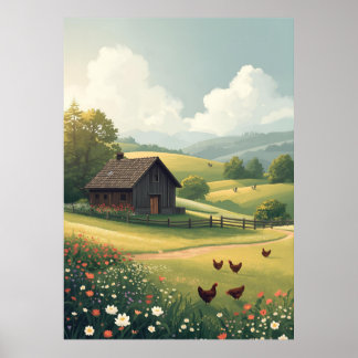 Rustic Countryside Cabin with Wildflowers Poster