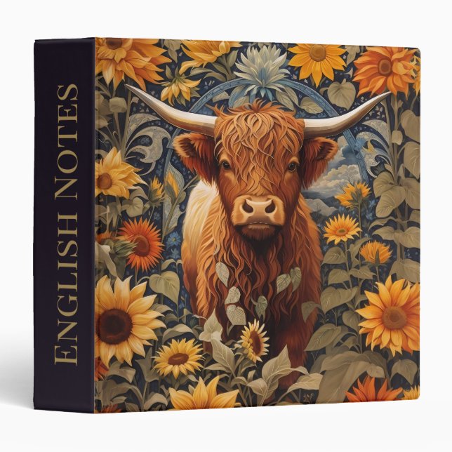 Rustic Countryside Highland Cow Sunflowers 3 Ring Binder (Front/Spine)