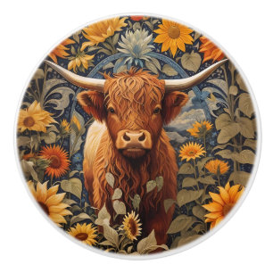 Rustic Countryside Highland Cow Sunflowers Ceramic Knob