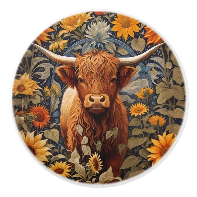 Rustic Countryside Highland Cow Sunflowers Ceramic Knob (Front)