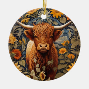 Rustic Countryside Highland Cow Sunflowers Ceramic Ornament