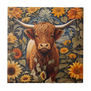 Rustic Countryside Highland Cow Sunflowers Ceramic Tile
