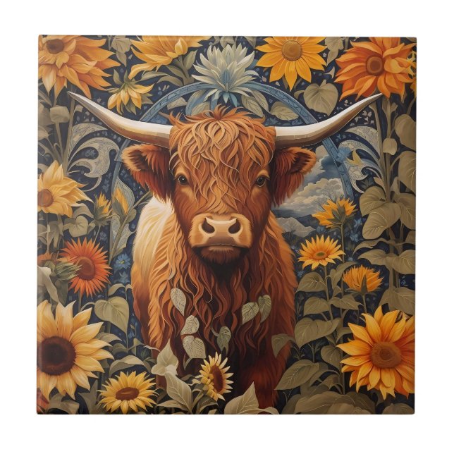 Rustic Countryside Highland Cow Sunflowers Ceramic Tile (Front)